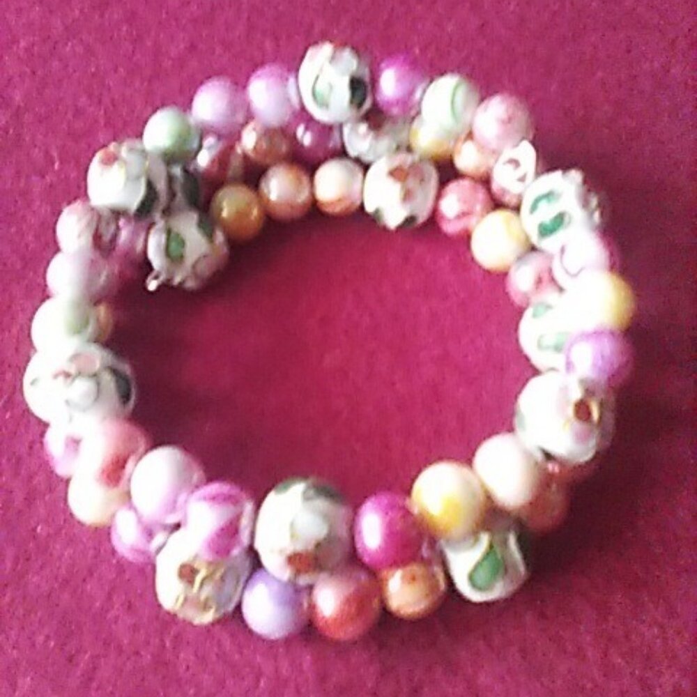 Bracelet Memory Wire Cloisonne & Colorful Marble Beads Handcrafted One Of A Kind